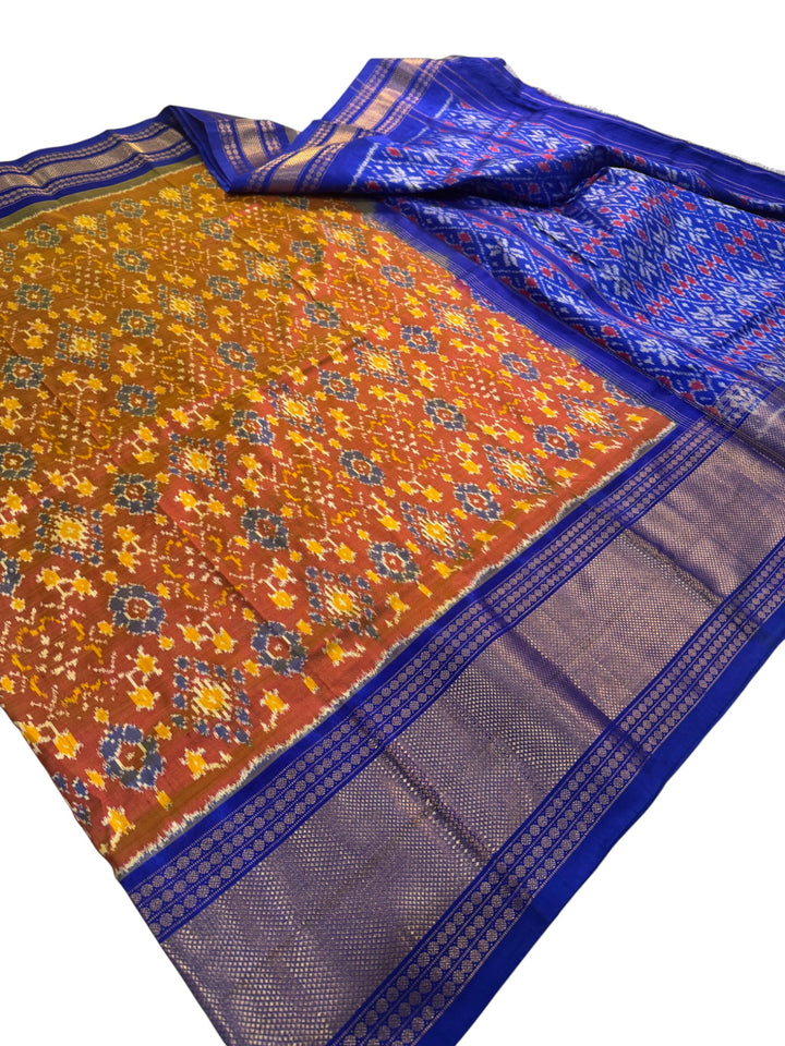 Traditional Double Ikkat Pochampally Saree – Blue Body with Contrast Rust Design