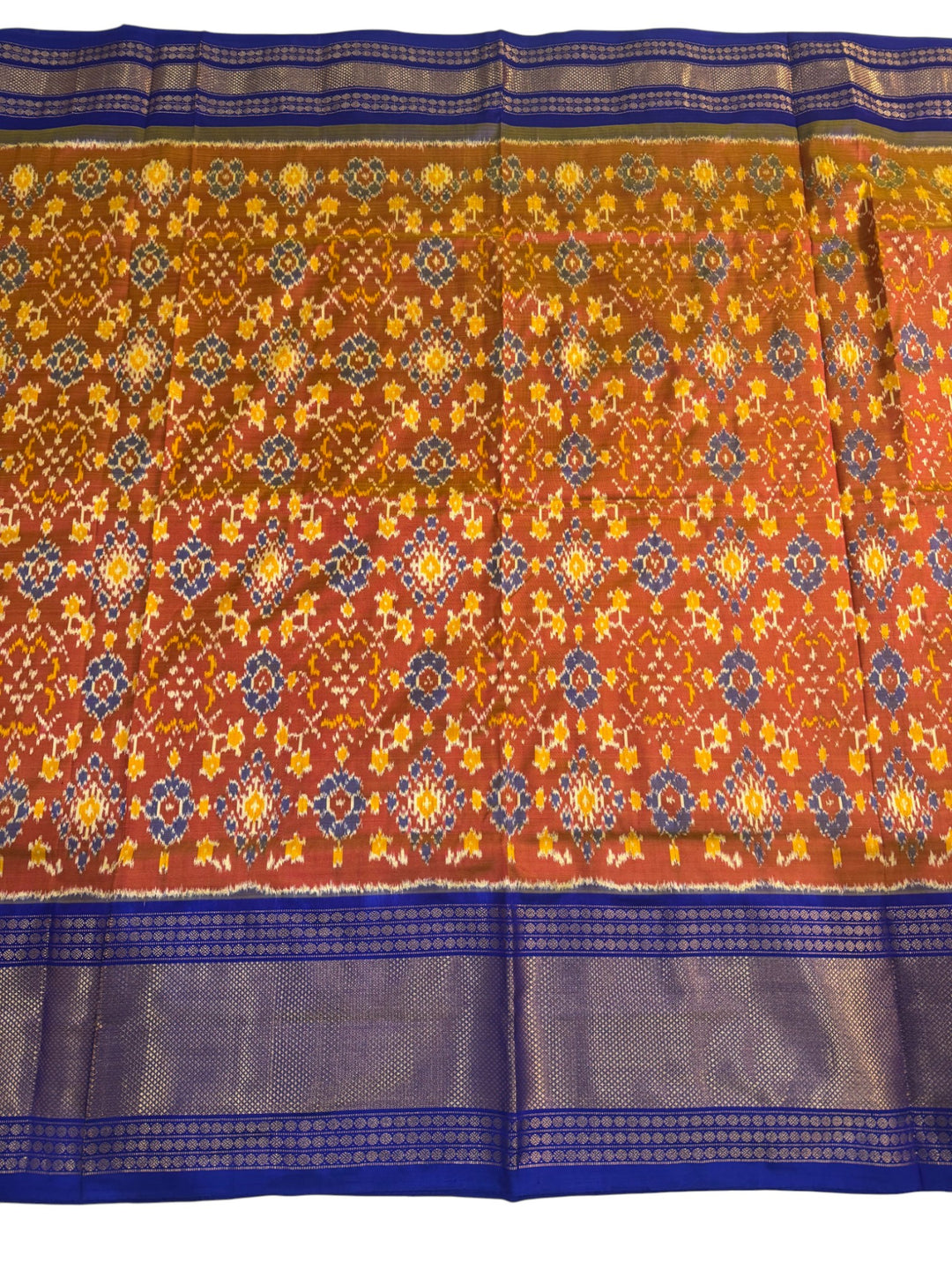 Traditional Double Ikkat Pochampally Saree – Blue Body with Contrast Rust Design