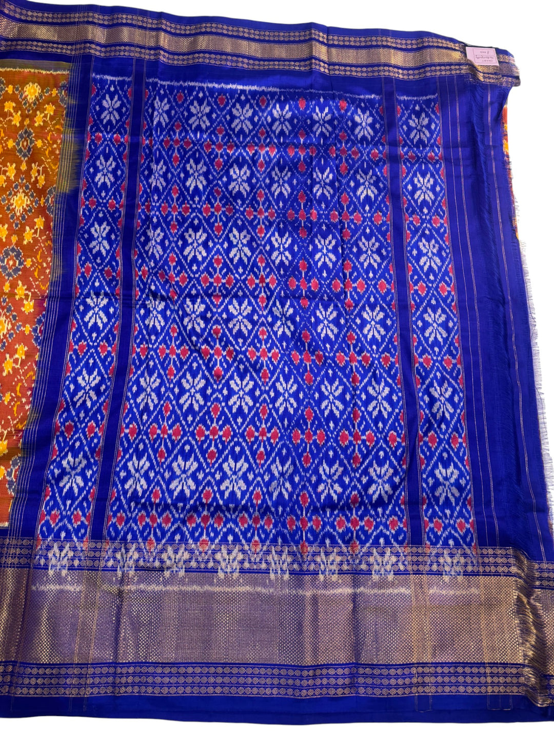 Traditional Double Ikkat Pochampally Saree – Blue Body with Contrast Rust Design