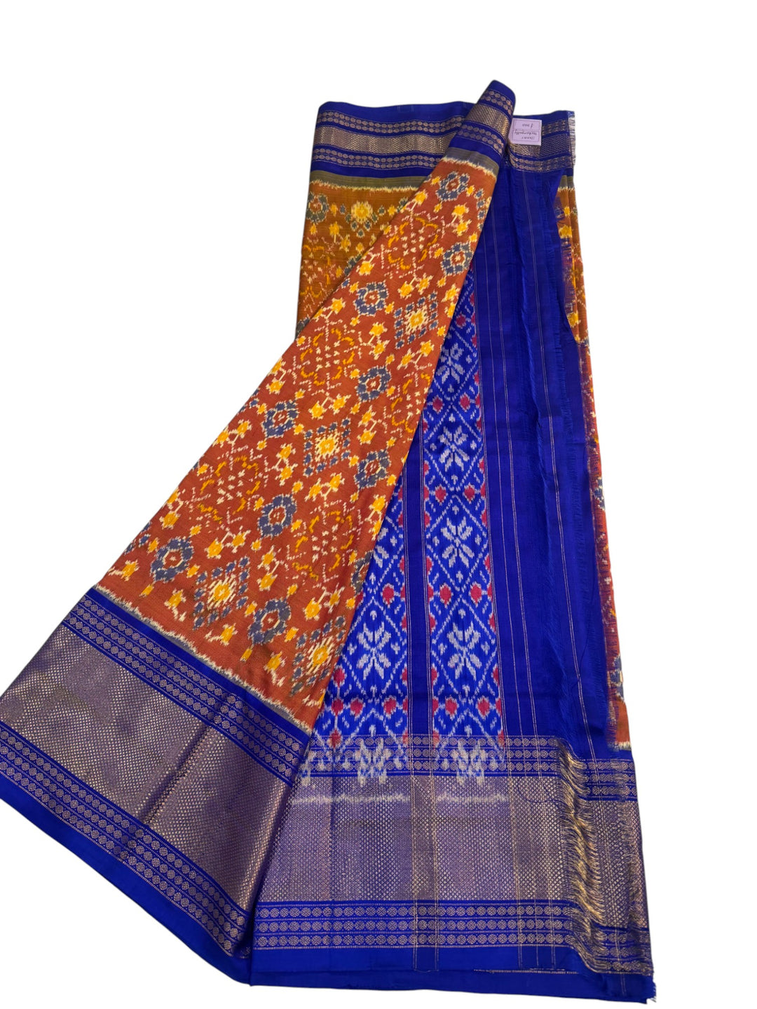 Traditional Double Ikkat Pochampally Saree – Blue Body with Contrast Rust Design