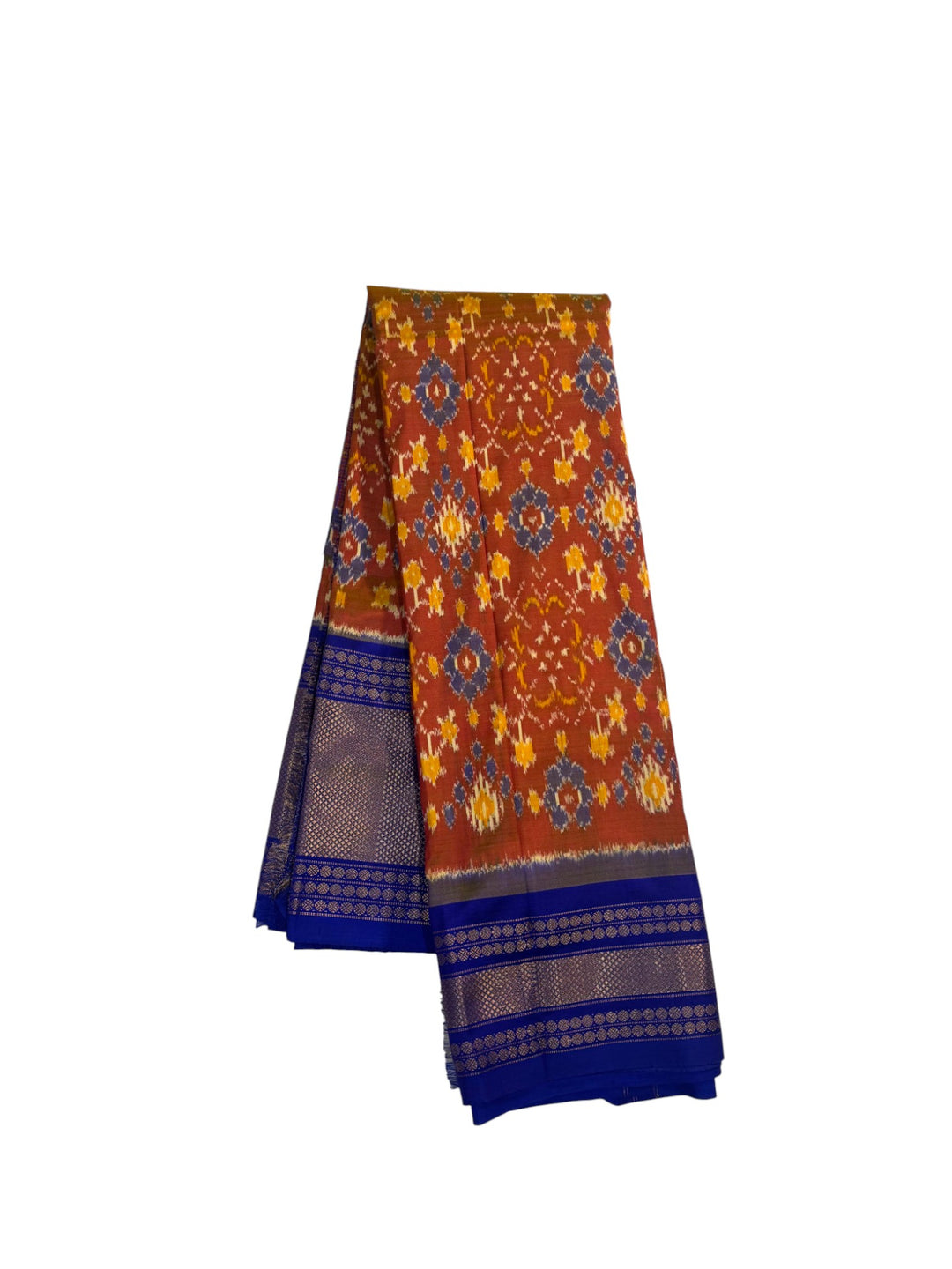 Traditional Double Ikkat Pochampally Saree – Blue Body with Contrast Rust Design