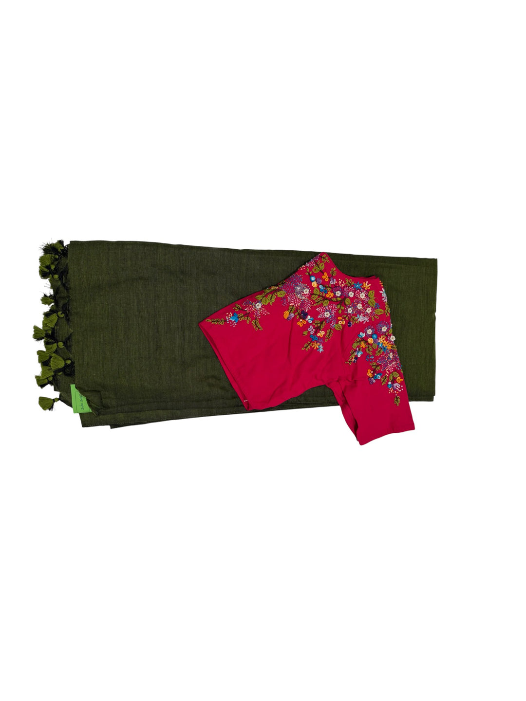 Olive Green Jute Saree with Pink Embroidered Stitched Blouse
