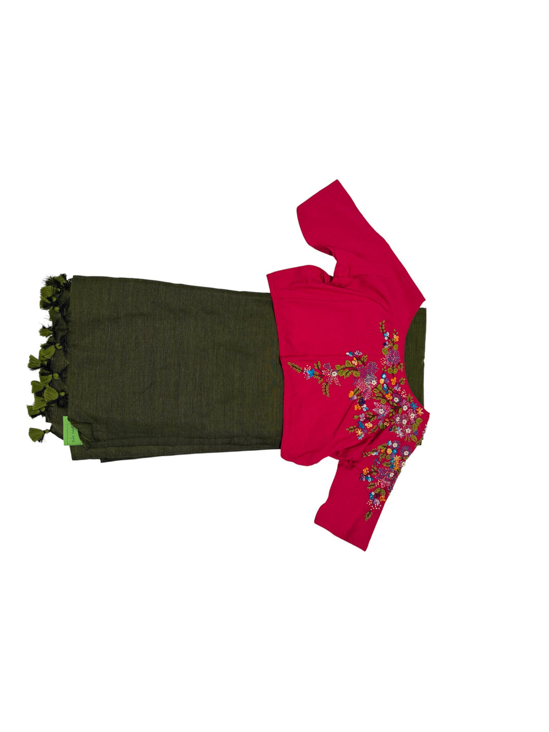 Olive Green Jute Saree with Pink Embroidered Stitched Blouse