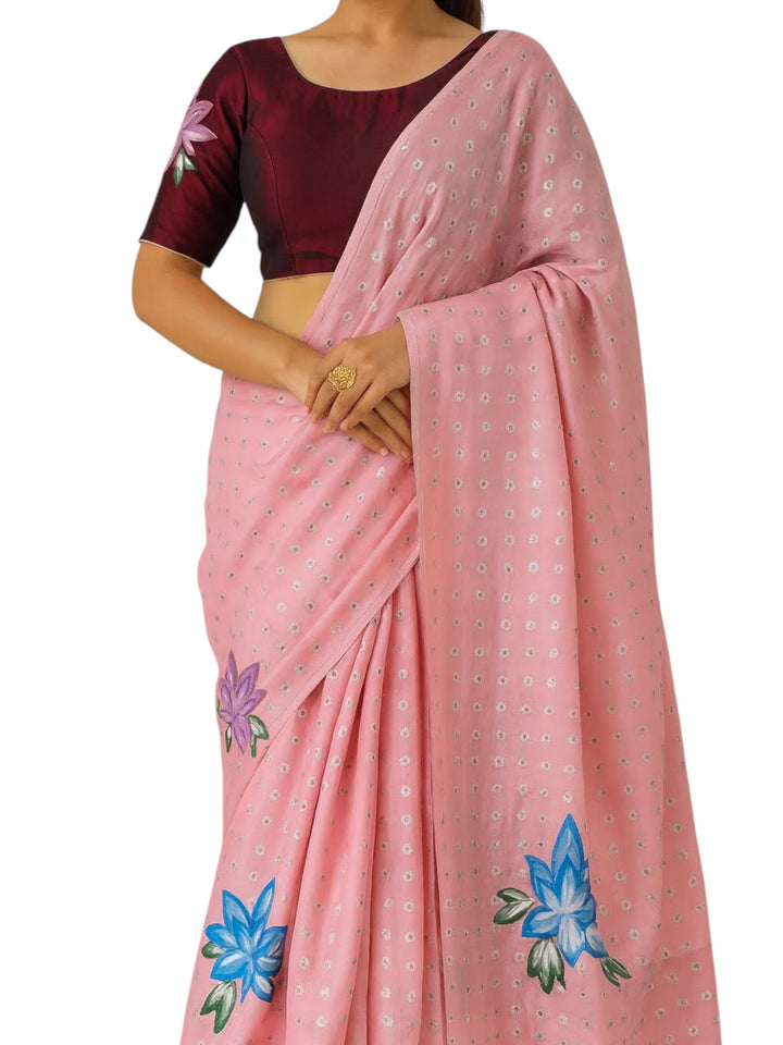 Designer Fancy Saree – Pink Saree with Floral Painting & Maroon Blouse