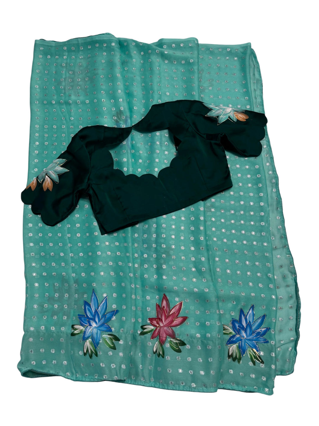 Designer Fancy Saree – Aqua Saree with Lotus Artwork & Contrast Green Blouse