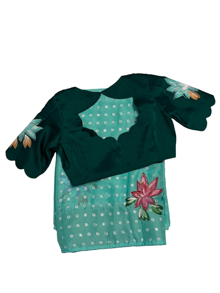 Designer Fancy Saree – Aqua Saree with Lotus Artwork & Contrast Green Blouse