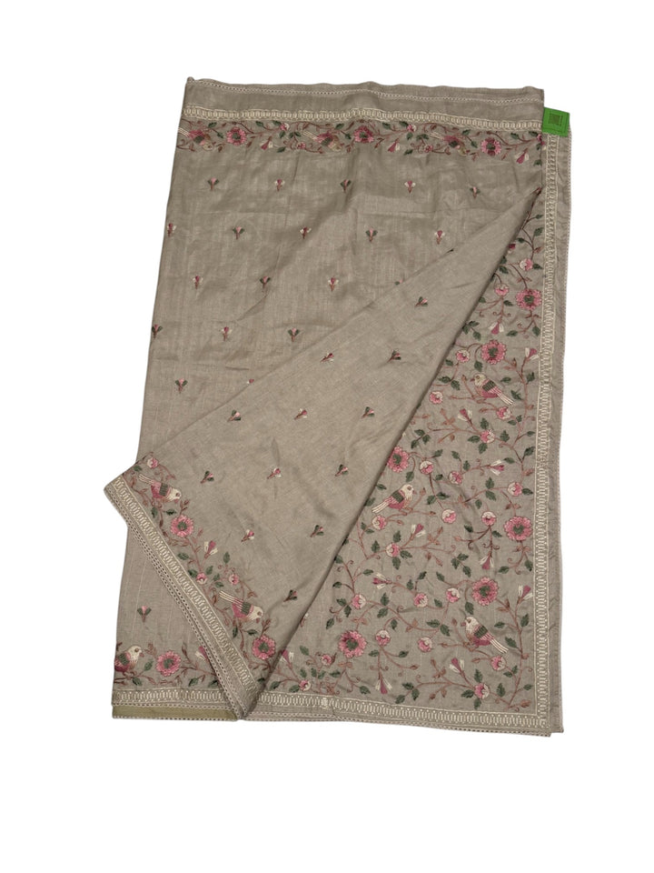 Designer Tussar Silk Saree – Beige Floral Embroidered Saree with Blouse