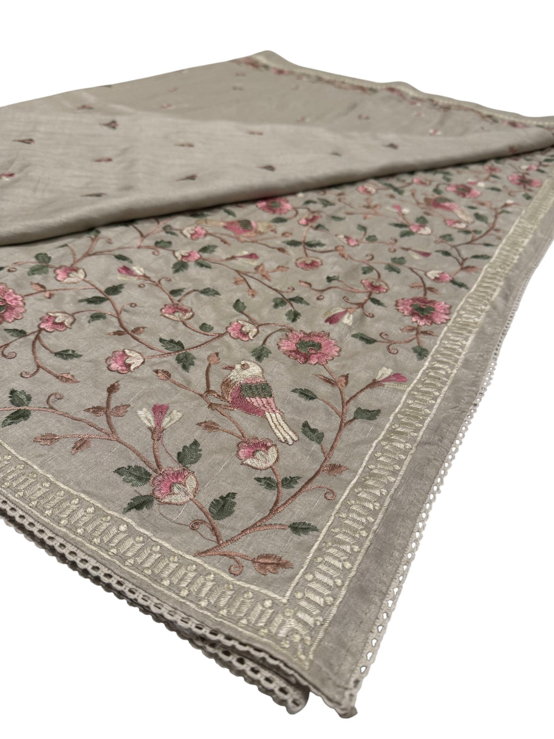 Designer Tussar Silk Saree – Beige Floral Embroidered Saree with Blouse
