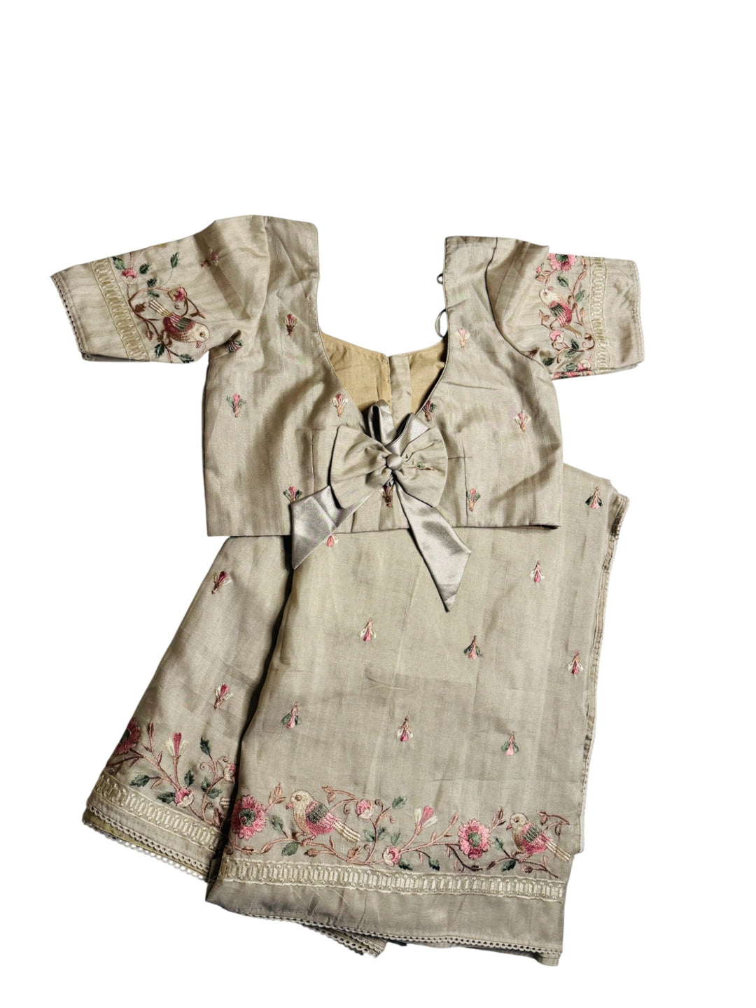 Designer Tussar Silk Saree – Beige Floral Embroidered Saree with Blouse