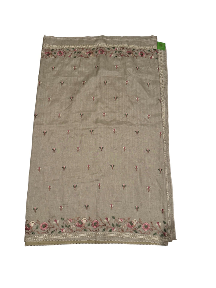 Designer Tussar Silk Saree – Beige Floral Embroidered Saree with Blouse