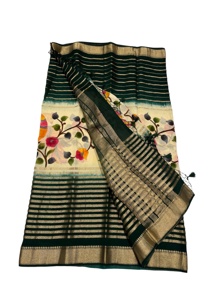 Designer Georgette Saree – Ivory Hand-Painted Floral Saree with Contrast Blouse