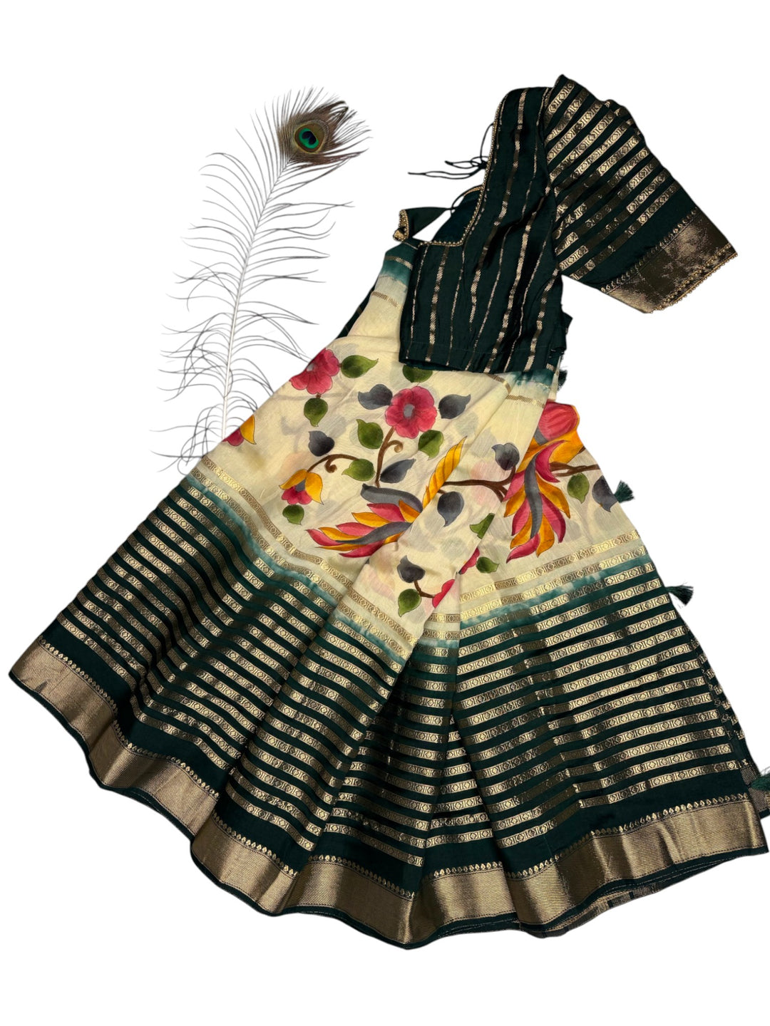 Designer Georgette Saree – Ivory Hand-Painted Floral Saree with Contrast Blouse