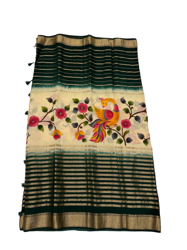 Designer Georgette Saree – Ivory Hand-Painted Floral Saree with Contrast Blouse