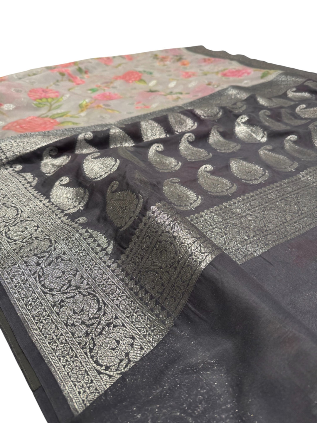 . Grey Hand-Painted Georgette Saree with Contrast Navy Stitched Blouse