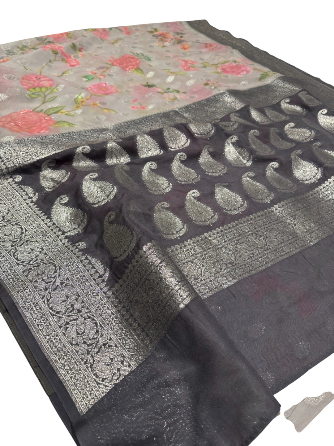 . Grey Hand-Painted Georgette Saree with Contrast Navy Stitched Blouse