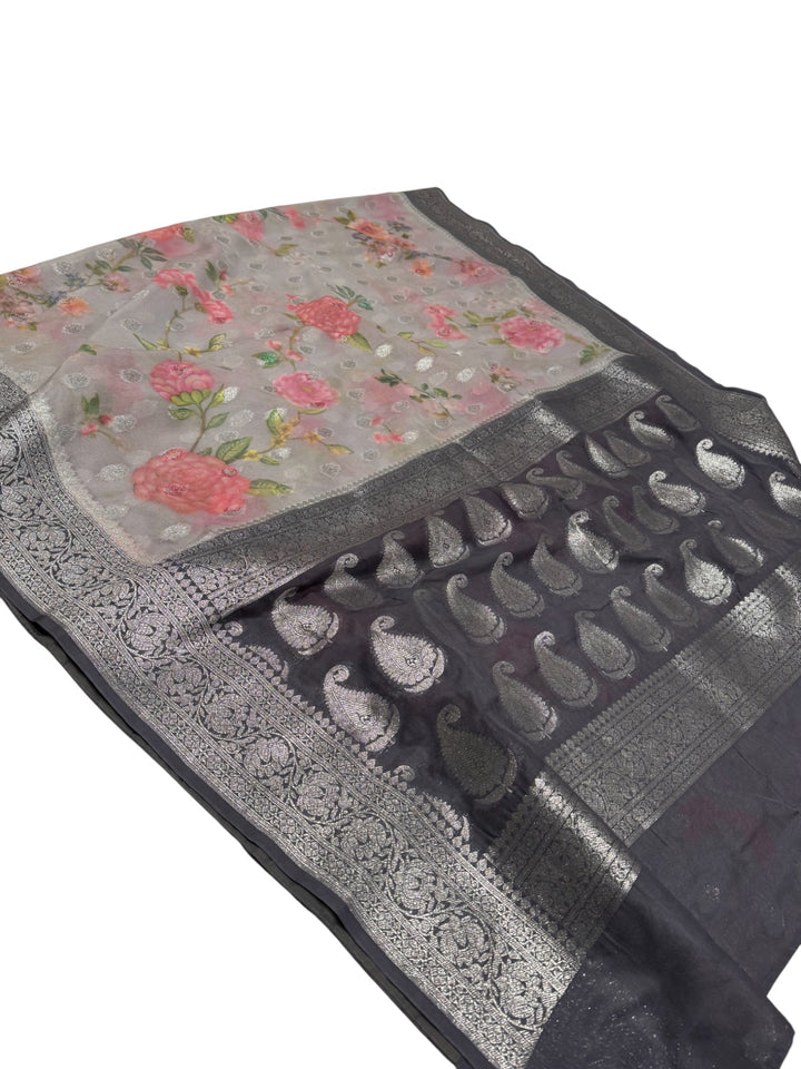 . Grey Hand-Painted Georgette Saree with Contrast Navy Stitched Blouse