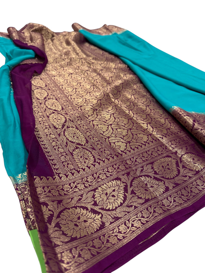 Semi Mysore Silk Saree in Teal Blue with Gold Zari Stitched Blouse