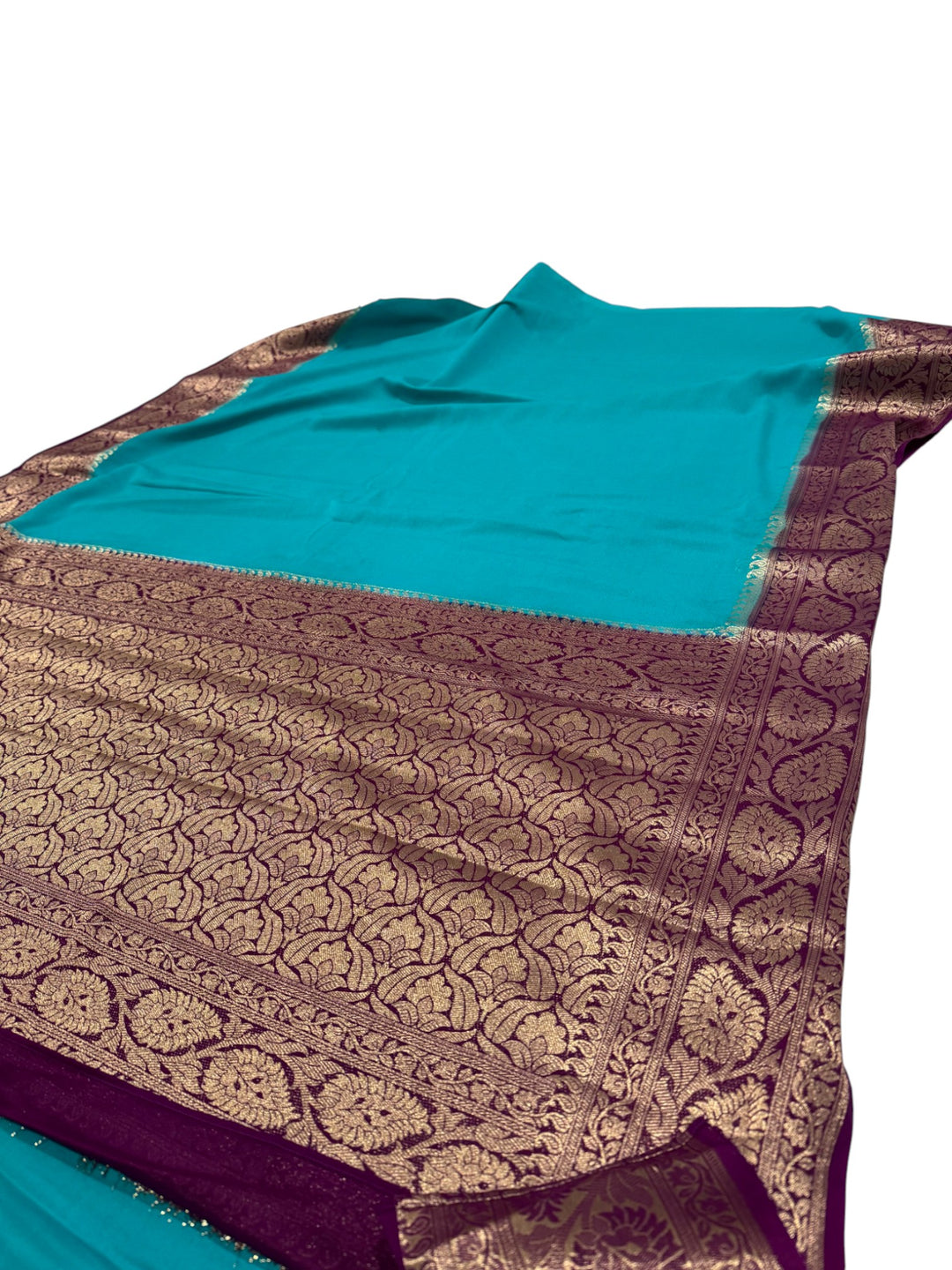 Semi Mysore Silk Saree in Teal Blue with Gold Zari Stitched Blouse