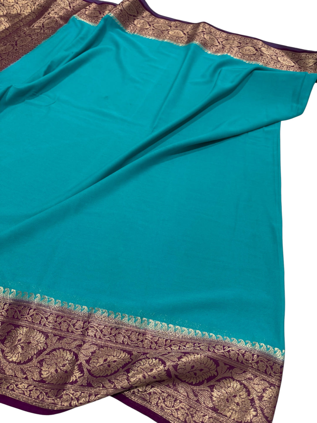 Semi Mysore Silk Saree in Teal Blue with Gold Zari Stitched Blouse