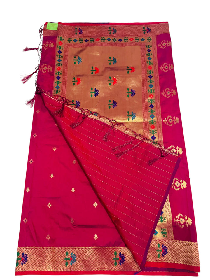 Semi Paithani Silk Saree in Pink with Contrast Border & Stitched Blouse