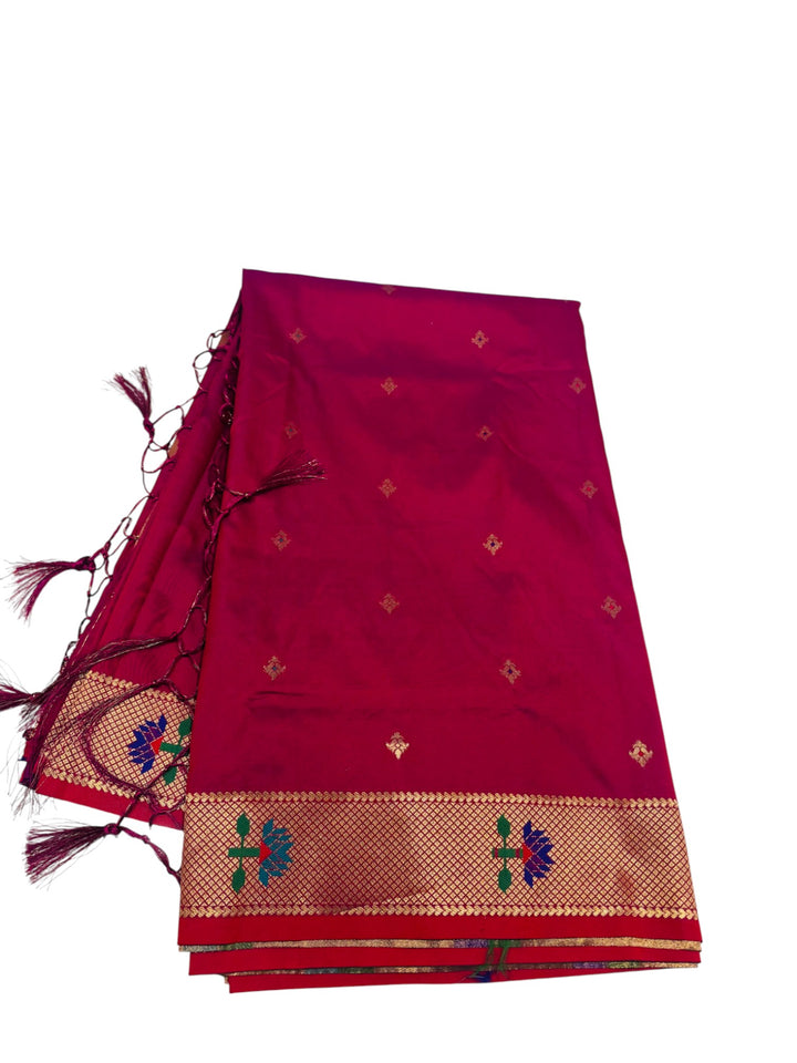 Semi Paithani Silk Saree in Pink with Contrast Border & Stitched Blouse
