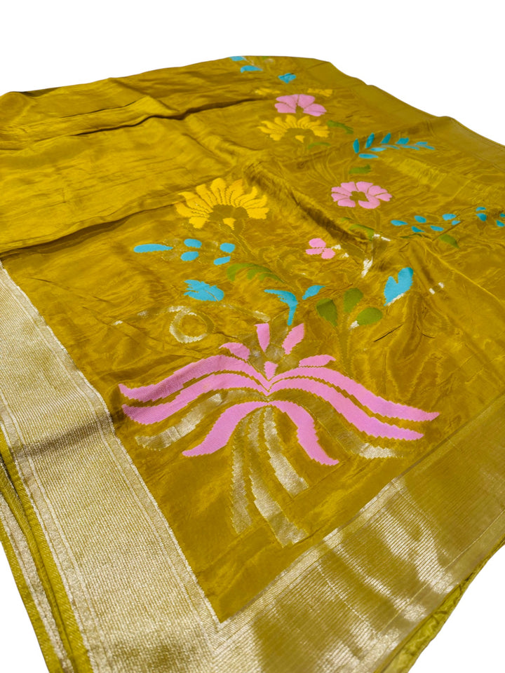 Premium Pure Mysore Silk Saree – Mustard Yellow with Puff Sleeve Blouse
