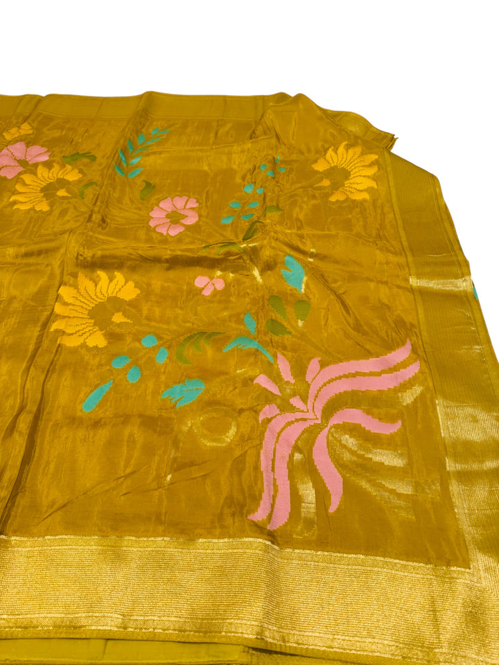 Premium Pure Mysore Silk Saree – Mustard Yellow with Puff Sleeve Blouse