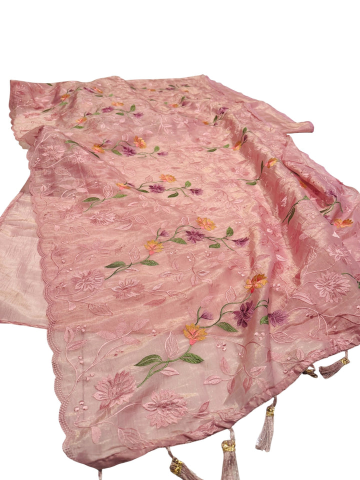 Space Silk Fancy Saree in Dusty Rose with Embroidered Stitched Blouse