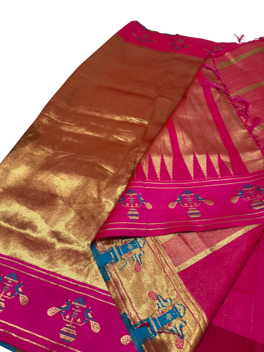 Traditional Paithani Saree – Gold Body with Pink Border & Peacock Blouse