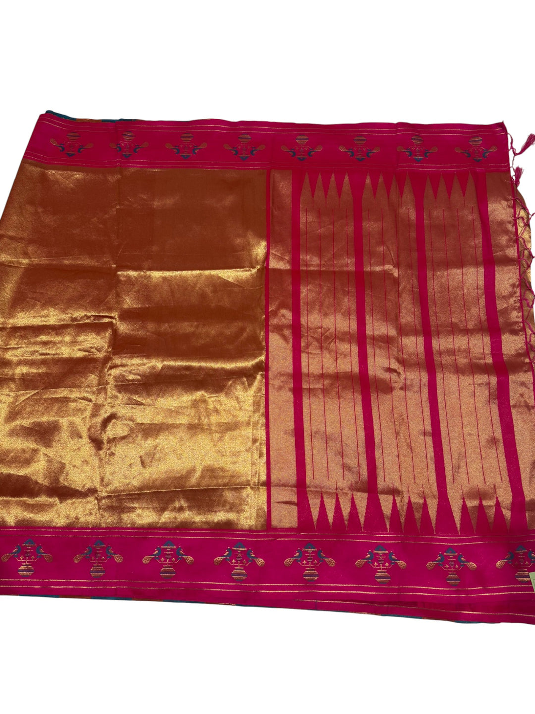 Traditional Paithani Saree – Gold Body with Pink Border & Peacock Blouse