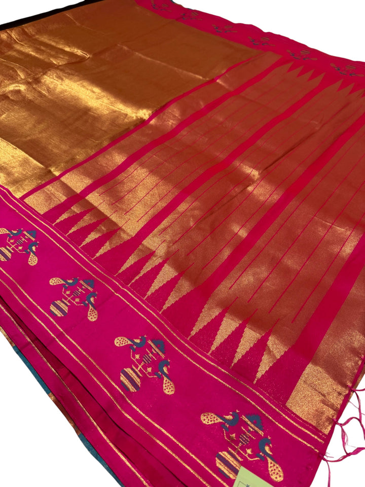 Traditional Paithani Saree – Gold Body with Pink Border & Peacock Blouse