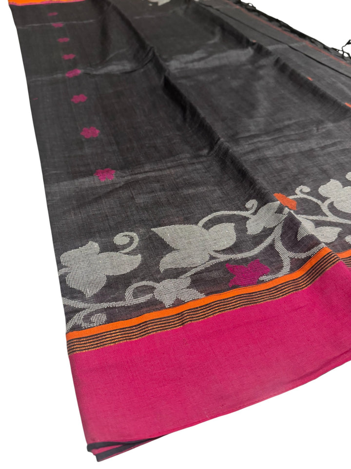Charcoal Grey Jute Saree with Floral Weave & Designer Stitched Blouse