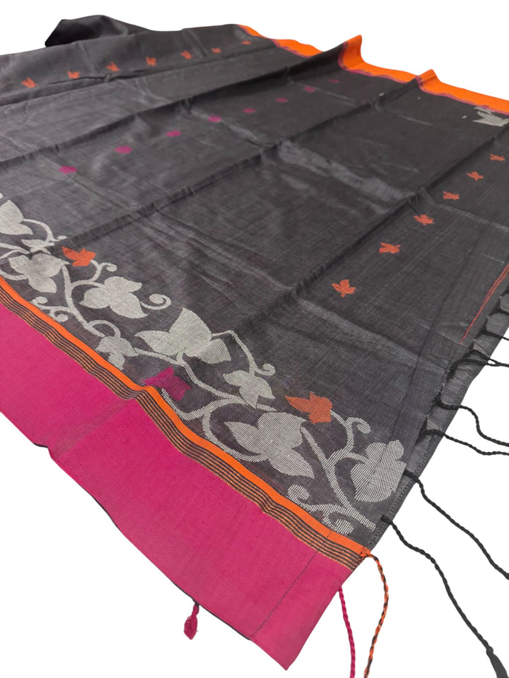 Charcoal Grey Jute Saree with Floral Weave & Designer Stitched Blouse