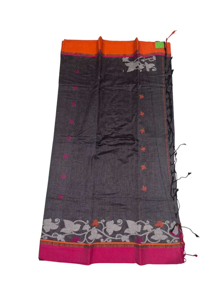 Charcoal Grey Jute Saree with Floral Weave & Designer Stitched Blouse
