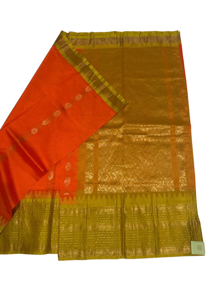 Designer Mangalagiri Silk Saree – Orange Body with Olive Temple Border