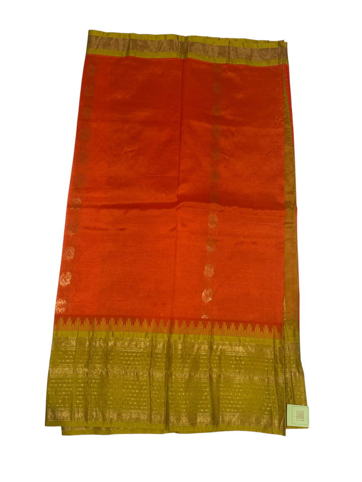 Designer Mangalagiri Silk Saree – Orange Body with Olive Temple Border