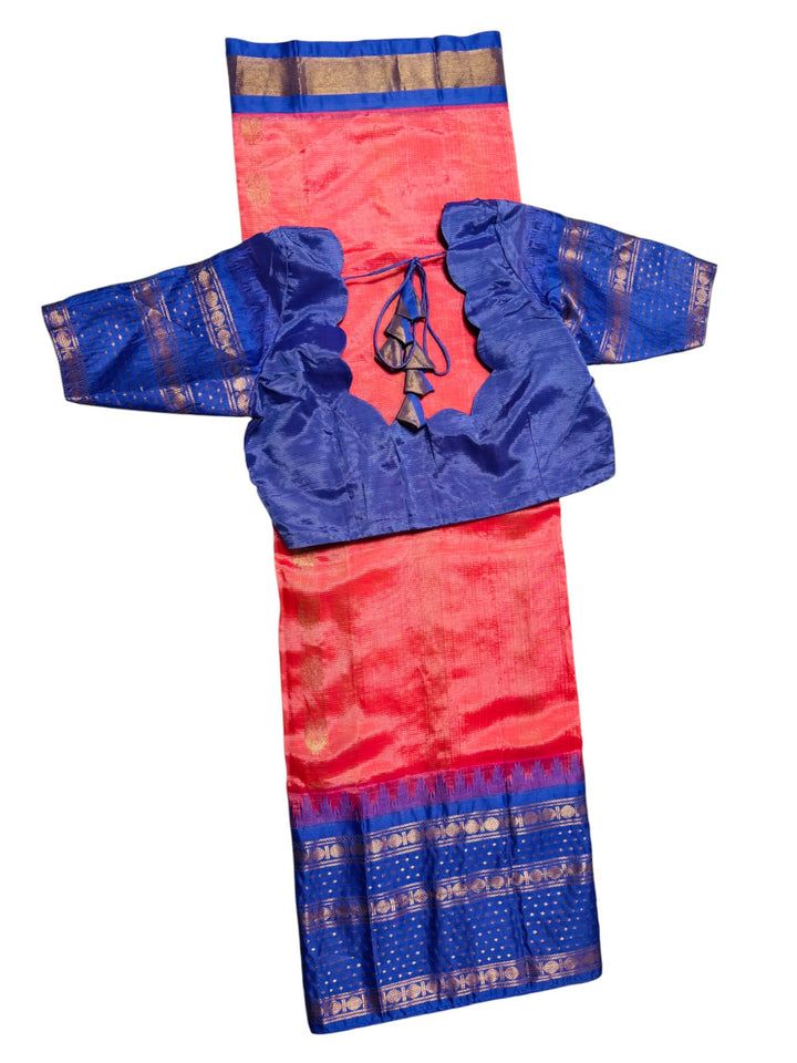 Mangalagiri Silk Temple Border Saree in Red & Royal Blue with Stitched Blouse