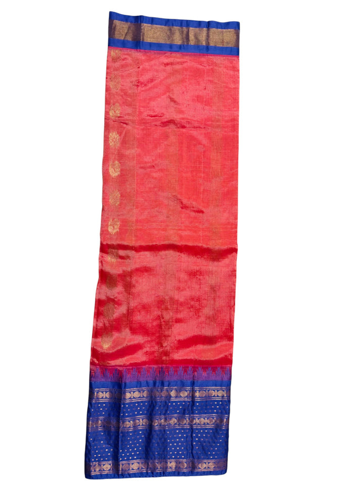 Mangalagiri Silk Temple Border Saree in Red & Royal Blue with Stitched Blouse