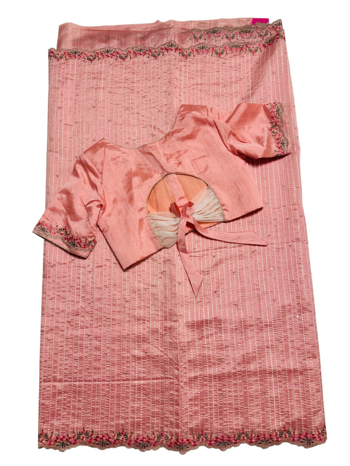 Peach Mulka Tussar Saree with Heavy Embellished Border & Blouse