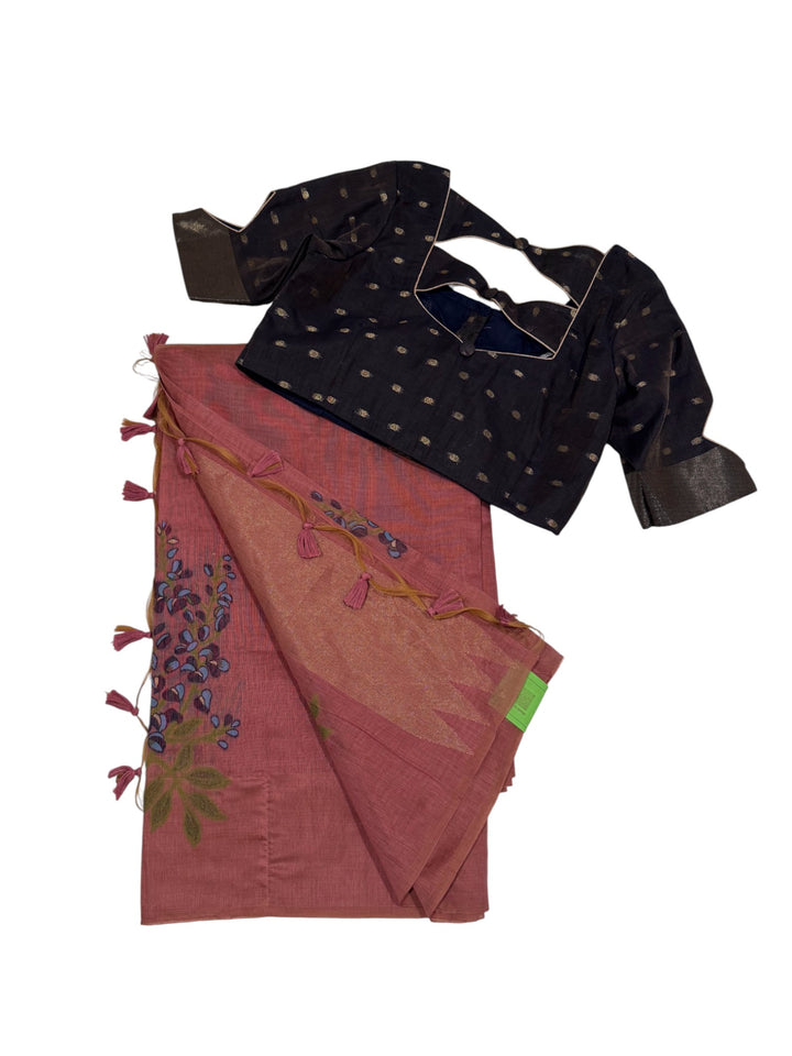 Soft Silk Mixed Cotton Saree in Rose Pink & Navy Combination