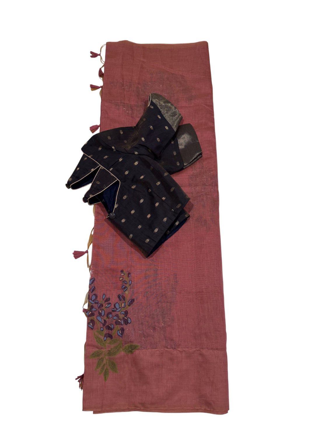 Soft Silk Mixed Cotton Saree in Rose Pink & Navy Combination