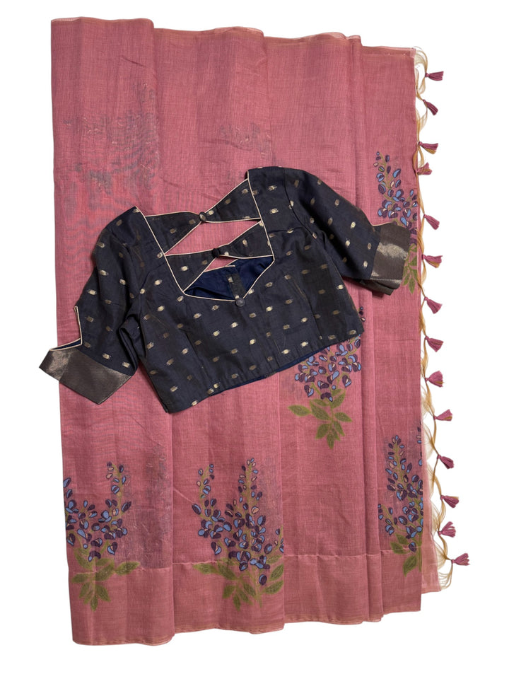 Soft Silk Mixed Cotton Saree in Rose Pink & Navy Combination