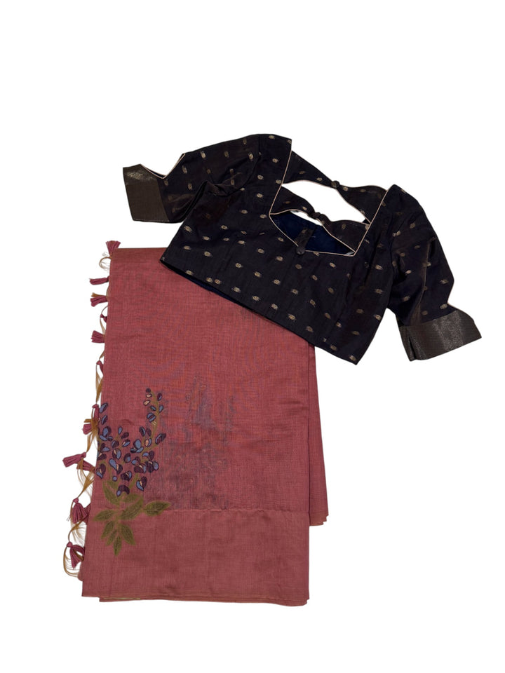 Soft Silk Mixed Cotton Saree in Rose Pink & Navy Combination