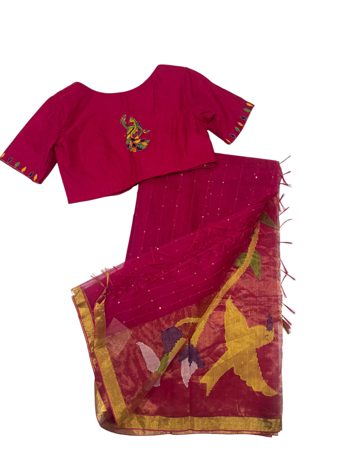 Rich Pink Jamdani Saree with Gold Border & Embroidered Blouse