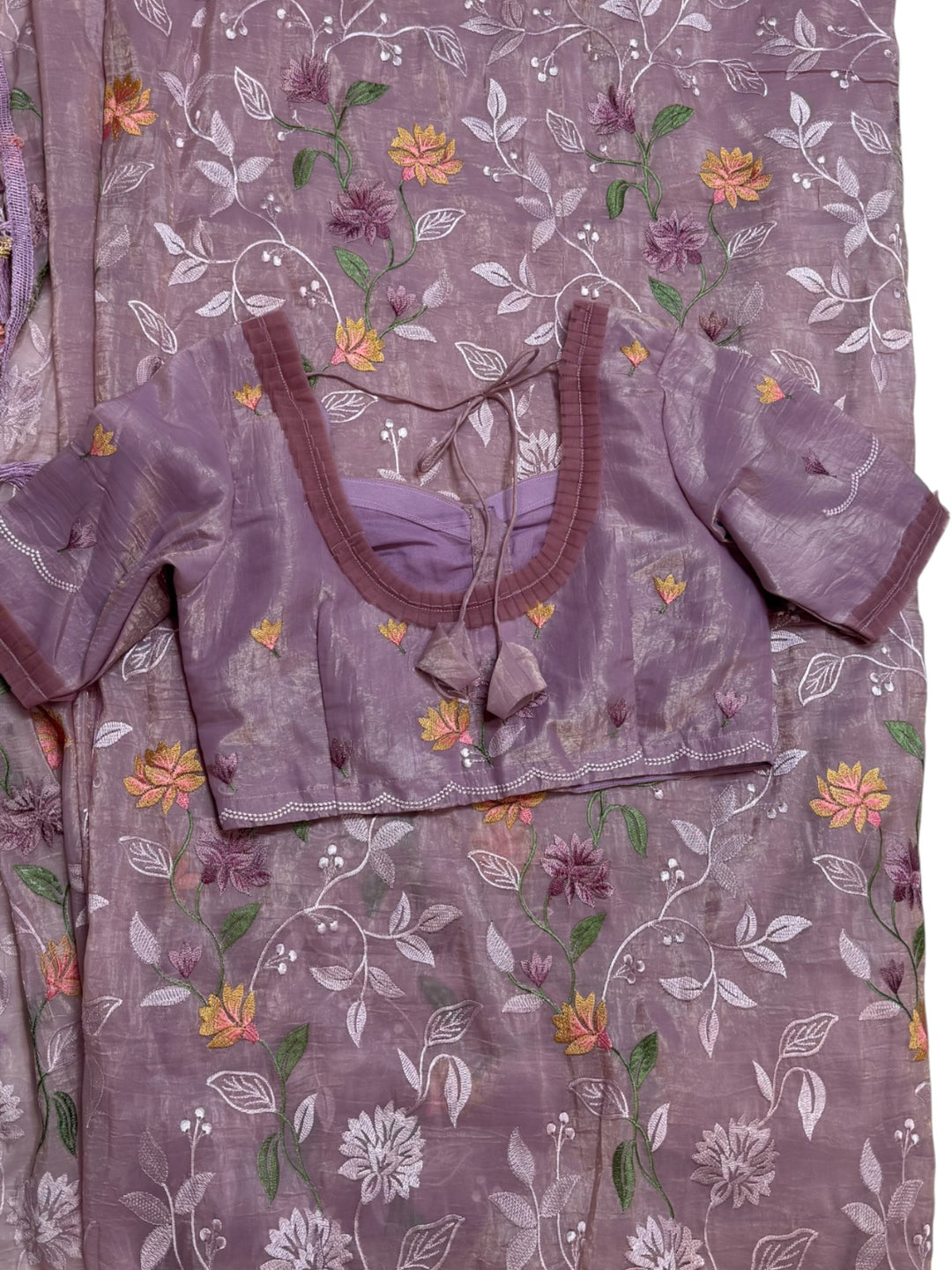 Space Silk Fancy Saree with All-Over Floral Embroidery & Stitched Blouse