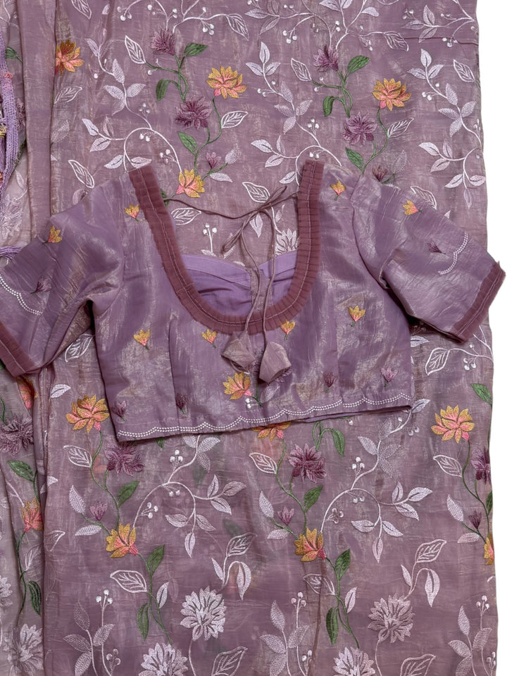 Space Silk Fancy Saree with All-Over Floral Embroidery & Stitched Blouse