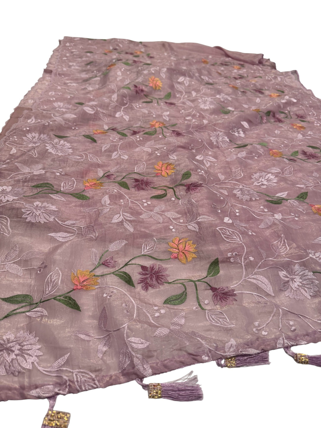 Space Silk Fancy Saree with All-Over Floral Embroidery & Stitched Blouse