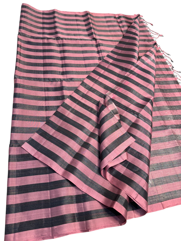 Kanchipuram Lightweight Handloom Saree – Pink & Black Stripes