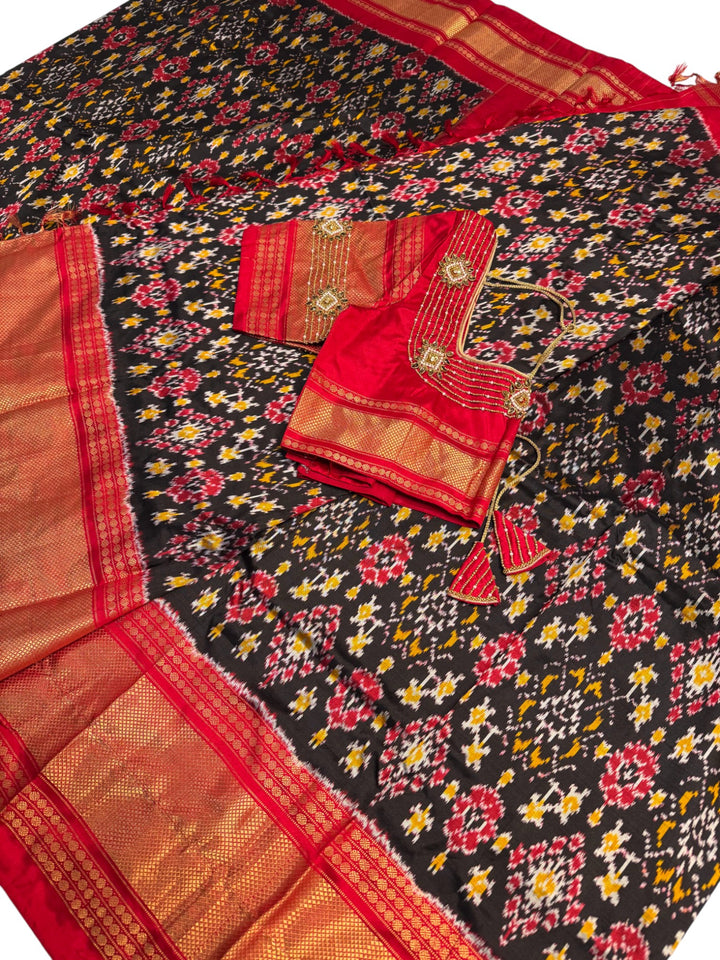 Black & Red Ikkat Saree with Heavy Embroidered Blouse