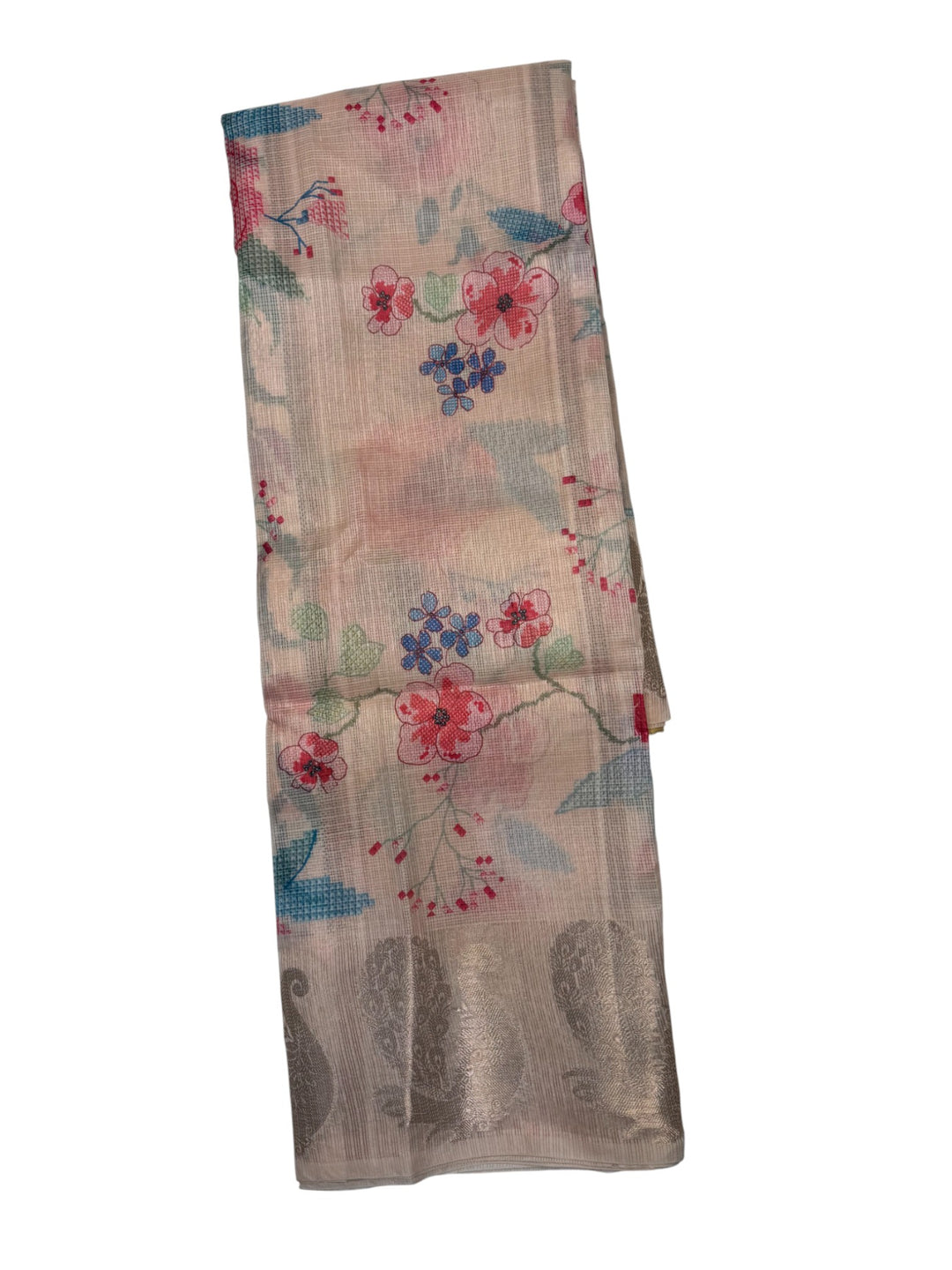 Beige Kota Saree with Multicolor Floral Motifs & Readymade Blouse